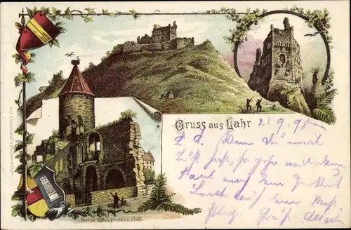 Litho Lahr im Schwarzwald, Hohengeroldseck, Rest der Tiefburg, Turm, Wappen