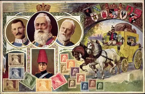 Briefmarken Wappen Künstler Ak Postkutsche, Prinzregent Luitpold von Bayern, Kronprinz Rupprecht