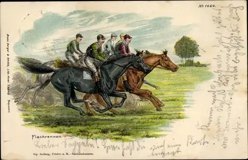 Künstler Litho Flachrennen, Pferderennsport, Jockeys, Pferde