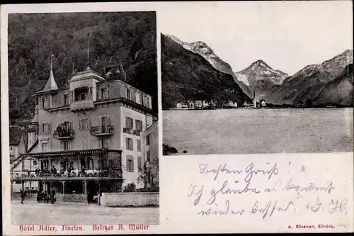 Ak Flüelen Kanton Uri Schweiz, Hotel Adler, Bergspitzen
