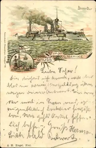 Litho Deutsches Kriegsschiff, Gruß von der Marine