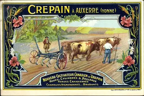 Ak Auxerre Yonne, Crepain, Nouveau Cultivateur Canadien le Grappin, Rinderpflug