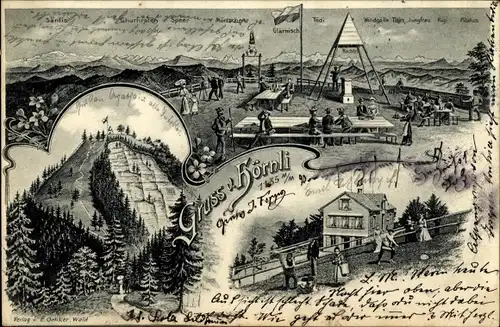 Litho Fischenthal Kt. Zürich Schweiz, Gruß vom Hörnli, Aussichtsplattform, Berghotel