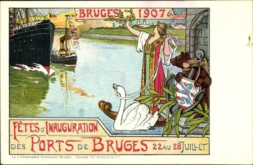 Wappen Ak Brügge Westflandern, Hafen, Einweihungsfeierlichkeiten 1907, Bär, Schwan