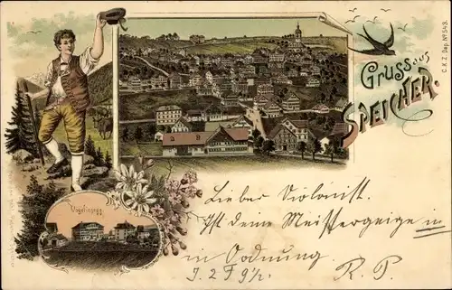 Litho Speicher Kanton Appenzell Ausserrhoden, Gesamtansicht, Vögelinsegg, Wanderer