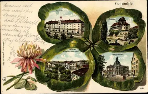 Kleeblatt Litho Frauenfeld Kanton Thurgau, Kaserne, Schloss, Schulhaus, Regierungsgebäude, Post