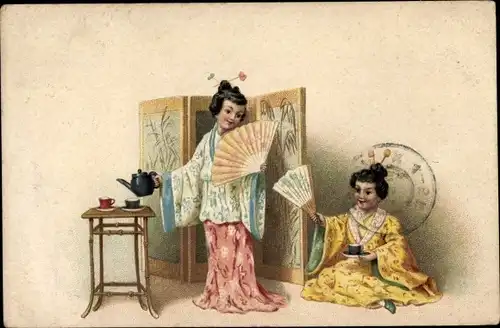 Litho Japanische Frauen mit Fächern, Kimono, Paravent, Teekanne