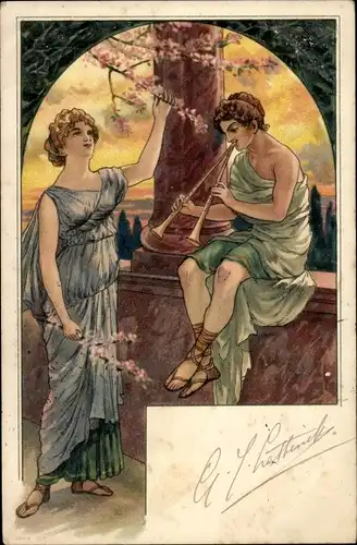 Jugendstil Ak Paar in historischen Gewändern, Flöte, blühende Zweige