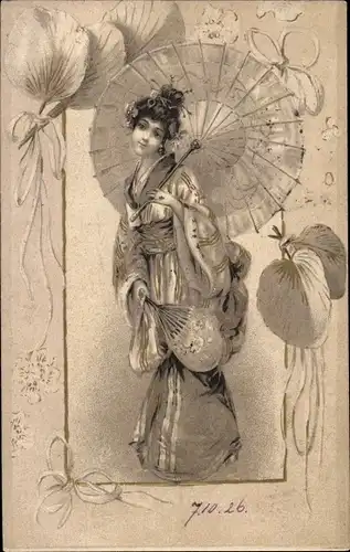 Jugendstil Litho Dame im Kimono, Fächer, Schirm