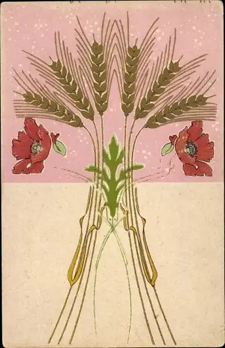 Jugendstil Litho Getreideähren, Mohnblumen