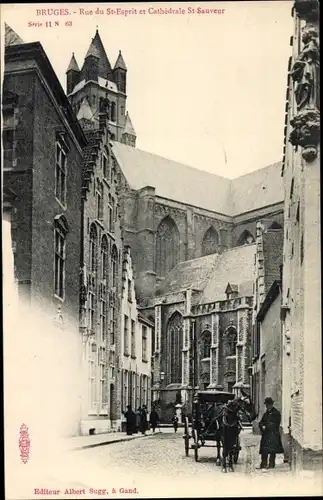 Ak Bruges Brügge Flandern Westflandern, Rue du St-Esprit, Kathedrale St-Sauveur, Kutsche