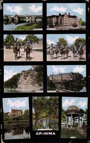 Ak Grimma in Sachsen, Tempel, Schloss Böhlen, Fürsten- und Bürgerschule, Muldenbrücke