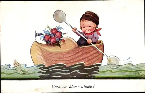Künstler Ak Wills, John, Junge in Niederländischer Tracht, Holzschuh als Boot
