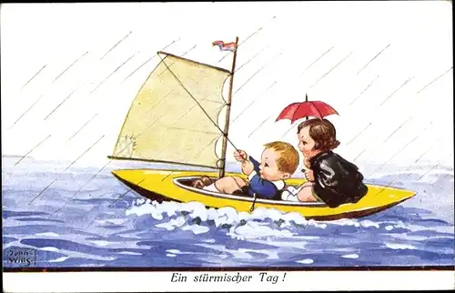 Künstler Ak Wills, John, Stürmischer Tag, Kinder im Segelboot, Regen