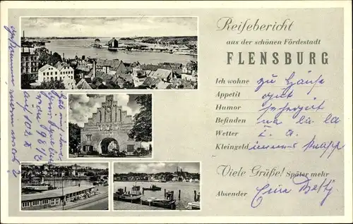 Ak Flensburg in Schleswig Holstein, Gesamtansicht, Hafen, Tor