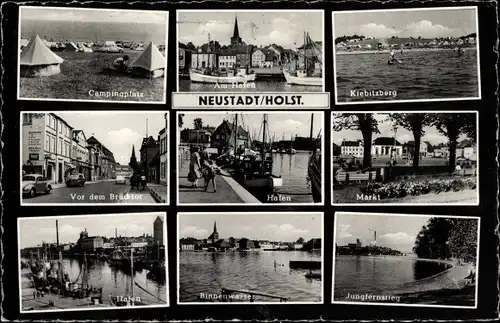 Ak Neustadt in Holstein, Campingplatz, Hafen, Kiebitzberg, Jungfernstieg, Vor dem Brücktor, Markt