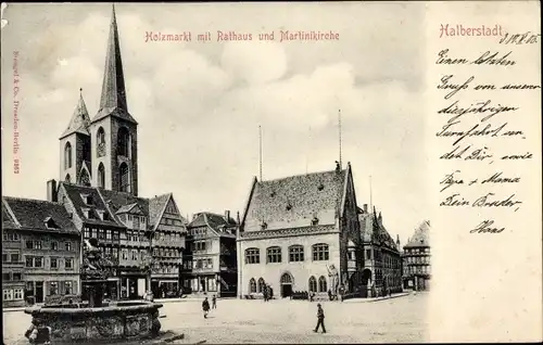 Ak Halberstadt am Harz, Holzmarkt, Rathaus, Martinikirche