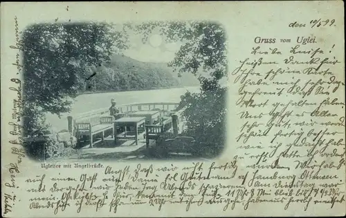 Mondschein Ak Eutin in Ostholstein, Ukleisee, Uglei See, Angelbrücke