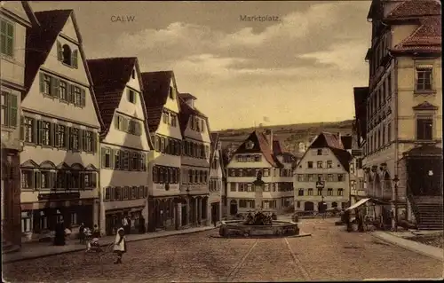 Ak Calw im Schwarzwald, Marktplatz, Brunnen, Geschäfte