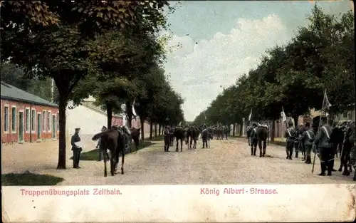 Ak Zeithain in Sachsen, Truppenübungsplatz, Kaiser Albert Straße, Soldaten