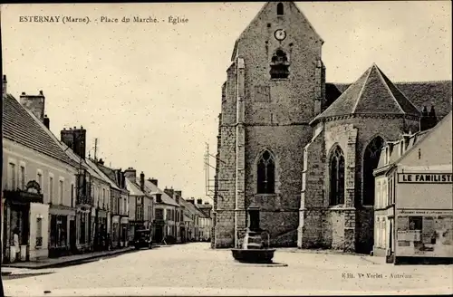 Ak Esternay Marne, Marktplatz, Kirche, Brunnen