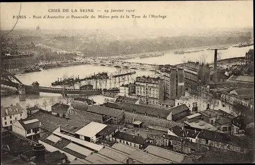 Ak Paris, Cue de la Seine 1910, Pont d'Austerlitz, U-Bahn-Fußgängerbrücke, Uhrturm