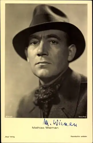 Ak Schauspieler Mathias Wieman, Portrait, Hut, Autogramm