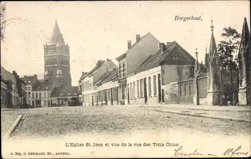 Ak Borgerhout Flanders Antwerpen, St.-Jean-Kirche und Blick auf die Rue des Trois Coins