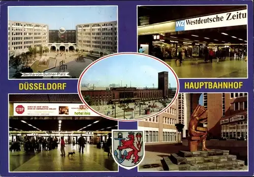 Ak Düsseldorf am Rhein, Hauptbahnhof, Wappen, Bertha-von-Suttner-Platz, Denkmal