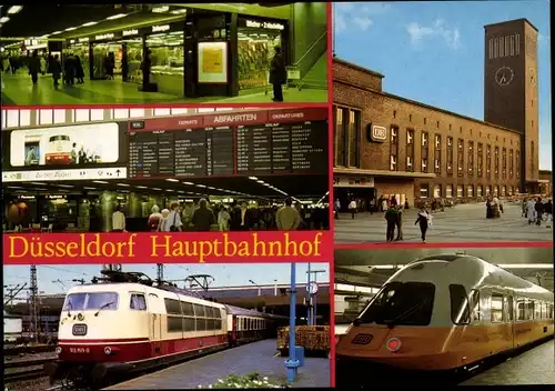 Ak Düsseldorf am Rhein, Hauptbahnhof, Züge, Anzeigetafel, Außenansicht