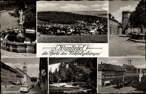 Ak Wunsiedel im Fichtelgebirge Oberfranken, Gabelmannsbrunnen, Rathaus, Naturbühne, Koppetentor