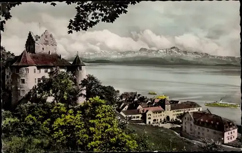 Ak Meersburg am Bodensee, Schloss, Schweizer Alpen, Schiffe