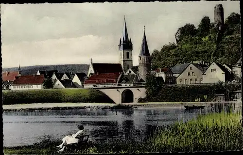 Ak Gemünden am Main Unterfranken, Teilansicht, Brücke, Kirche