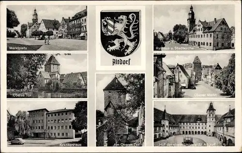 Ak Altdorf bei Nürnberg, Wappen, Rathaus, Stadtkirche, Oberer Markt, Krankenhaus, ehem. Universität