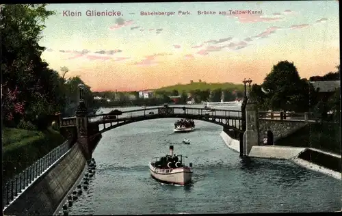 Ak Klein Glienicke Potsdam in Brandenburg, Babelsberger Park, Brücke am Teltowkanal, Dampfer