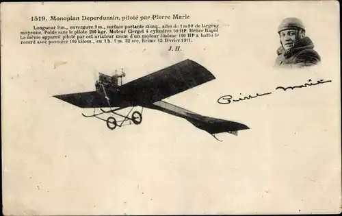 Ak Monoplane Deperdussin, gesteuert von Pierre Marie