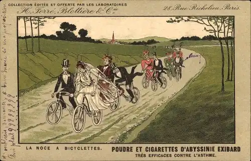 Ak Paris, H. Ferre, Blottiere & Cie, Poudre et Cigarettes d'Abyssinie Exibard, Noce a Bicyclettes