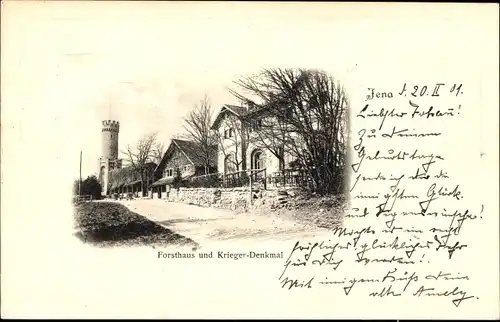 Ak Jena in Thüringen, Forsthaus und Kriegerdenkmal