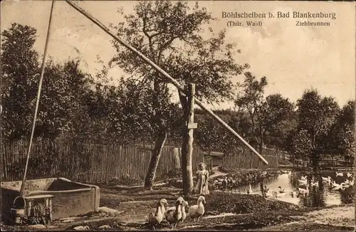 Ak Böhlscheiben Bad Blankenburg im Kreis Saalfeld Rudolstadt, Ziehbrunnen mit Mädchen und Tieren