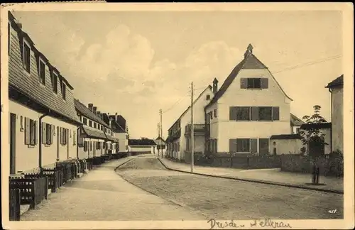 Ak Dresden Nord Hellerau, Am grünen Zipfel, Wohnhäuser in der Siedlung, Architekt Riemerschmid