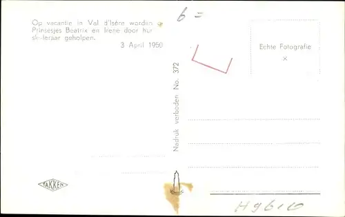 Ak Prinzessinnen Beatrix und Irene, Skifahrt, Niederländisches Königshaus, 1950