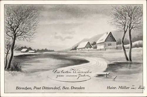 Künstler Ak Müller, Heinrich, Börnchen Glashütte im Osterzgebirge, Wintermotiv, Häuser