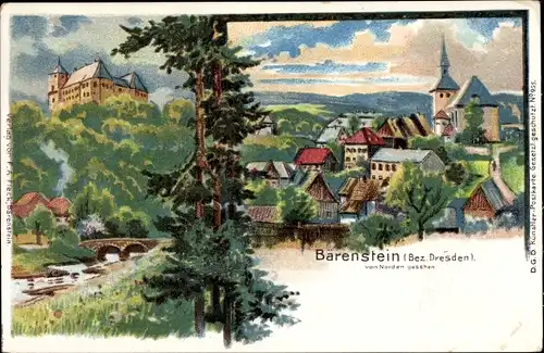 Litho Bärenstein Altenberg im Erzgebirge, Gesamtansicht von Norden, Kirche, Schloss