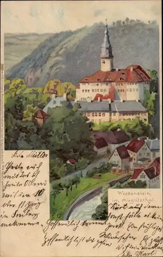 Künstler Litho Weesenstein im Müglitztal, Teilansicht der Stadt mit Schloss