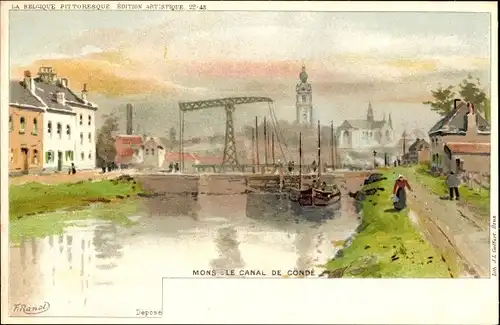 Künstler Litho Ranot, F., Mons Wallonien Hennegau, Condé-Kanal, Zugbrücke