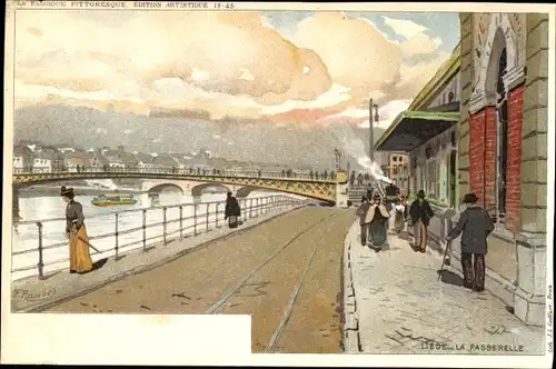 Künstler Ak Ranot, F., Liège Lüttich Wallonien, La Passerelle, piétons, voies ferrées, rivière, pont