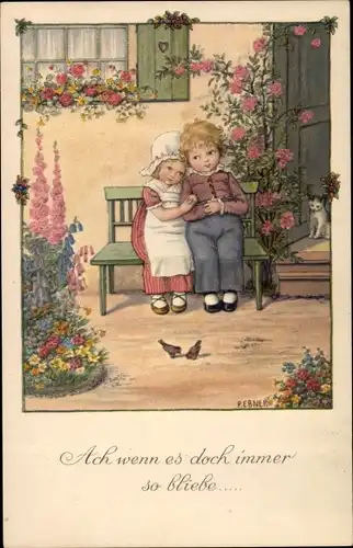 Künstler Ak Ebner, Pauli, Paar auf einer Bank vor dem Haus