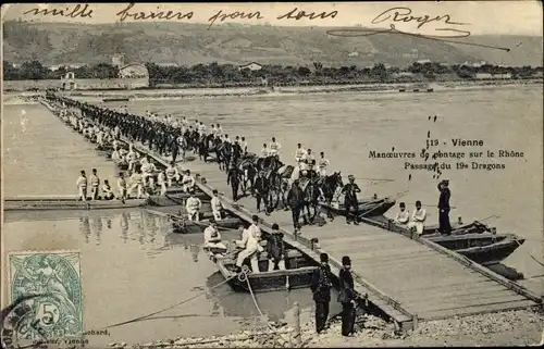 Ak Vienne Isère, Manoeuvres de pontage sur le Rhone, Passage du 19e Dragons