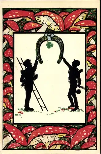 Künstler Ak Schornsteinfeger halten ein Hufeisen hoch, Fliegenpilze, Glücksbringer