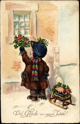 Ak Glückwunsch Neujahr, Kind, Schlitten, Glücksklee, Schwein, Pilze